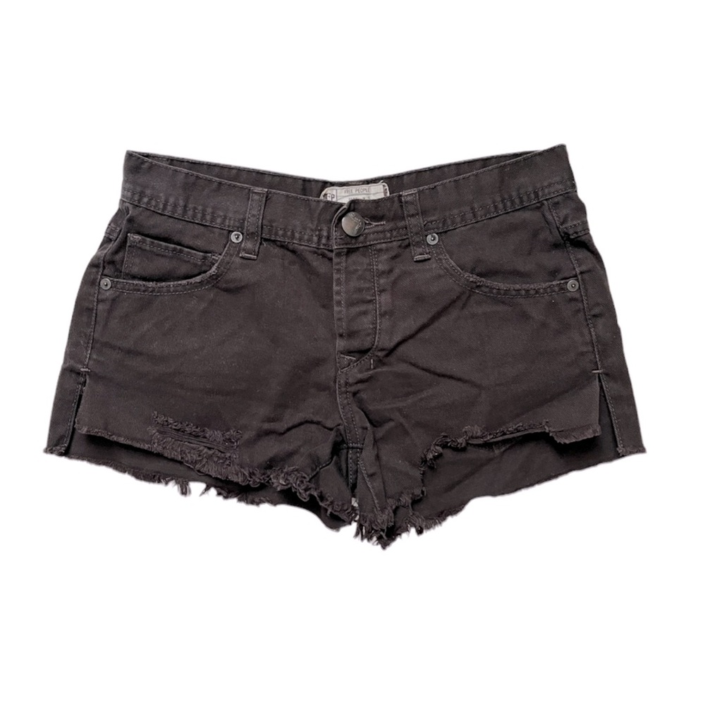 Free People Button Fly Black Distressed Jean Shorts